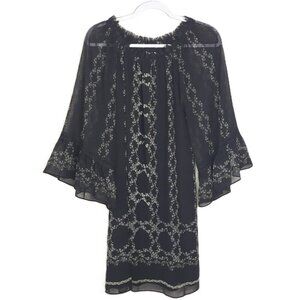 M.S.S.P. Black Floral Fringe Bell Sleeve Dress M Boho Whimsgoth Dark Romantic
